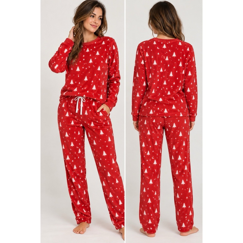 Auden Womens Pajama Set Size L Red Christmas Tree Plush Fleece 2 Piece NWT